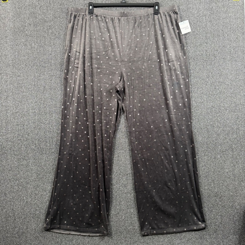 Tranquil & True Women 2X Pajama Pant Gray Velour Foil Star Lounge Celestial Cozy